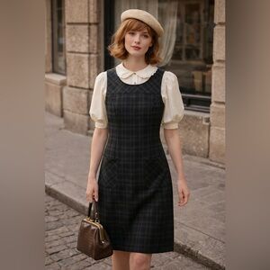 Vintage Women’s 8P Navy Green Plaid Midi Length Academia Preppy Dress